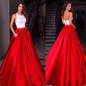 Ventas calientes 2018 Blanco y rojo Dos piezas Vestidos de baile Cuello halter barato Una línea con bolsillos Fiesta larga Vestidos formales por encargo