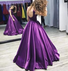 Modest 2017 Purple Elastic Silk Like Satin Backless Prom Dresses Long Cheap Bateau Ruched Formal Dresses Party vestidos de noche EN11233