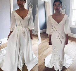 Modest 2018 Deep Vlevle Vestidos de novia de la sirena de manga larga 2018 con bordado de bordado de tren desmontable de tren en12261200828