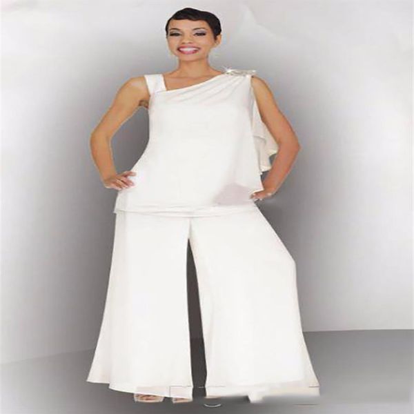 Modeste 2020 Mère De La Mariée Marié Pantalon Costume Ruché Cristal Plus La Taille En Mousseline De Soie Blanche Femmes Élégantes Formelle Invité De Mariage Robes3265
