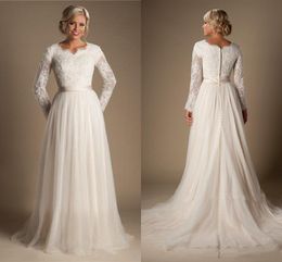Bescheiden A-lijn 2021 kralen kanten jurken met knopen met lange mouwen omhoog achter chiffon bruidsjurken trouwjurk