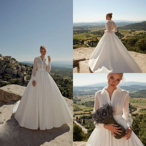 Vestidos de novia modestos de una línea Cuello alto Apliques de manga larga Satén Vestido de novia de talla grande Tren de barrido Batas De Mari￩e