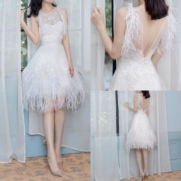 Modeste Une Ligne Robes De Mariée Jewel Neck Sans Manches Appliques Perles Plumes Tulle Plus La Taille Robe De Mariée Longueur Au Genou Robes De Mari￩e