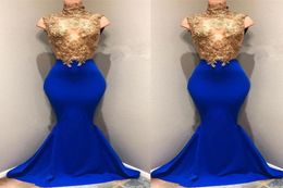 Modest African Gold Top Lace Appliced Prom Dresses 2019 High Neck Mermaid Sequins Royal Blue Mleeveless Sheer Evening Nights Ba8171375686