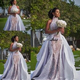 Robes de mariée africaines modestes avec train détachable 2019 jupe gonflée à col haut Sima Brew Country Garden Royal Plus Size Wedding G277P