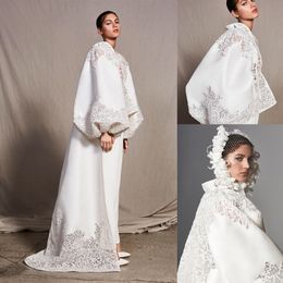 Modest Ashi Studio Una línea de vestido de fiesta con cuello en V Manga larga Apliques de satén Trajes de fiesta Vestido de tren de barrido batas de soir￩e