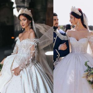 Bescheiden baljurken trouwjurken sprankelende pailletten veren bruidsjurk luxe lange bruid gewaad vestido de novia