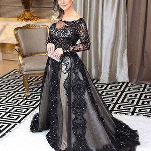 Modest Black Lace Avondjurken Lange Mouwen Bateau Hals Arabische Vrouwen Formele Kleding Abendkleider Vestido Largo Prom Party Gowns250T