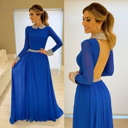 Modest blauwe kralen avondjurken hoge hals lange mouwen backless prom jurken vloer lengte chiffon plus size formele jurk