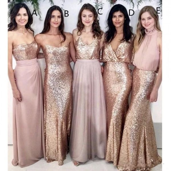Modest Blush Rose Bridesmaid Robes Mariage de plage avec rose Gold Sequin Mismatted Maid of Honor Robes Women Bridesmaids Party Formel 203F