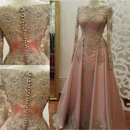 Gratis verzending bescheiden blozen roze prom jurken 2019 lange mouwen kant appliques kristal formele feestjurken avondkleding vestidos de novia