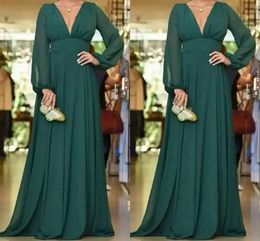 Vestidos modestos de gasa de manga larga para madre de la novia, vestidos de fiesta de noche formales con cuello en V de color verde oscuro por encargo BC14001 0805