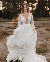 Robe de mariée de campagne modeste à manches longues, col en V, en mousseline de soie et dentelle, robes de mariée pour jardin, YD