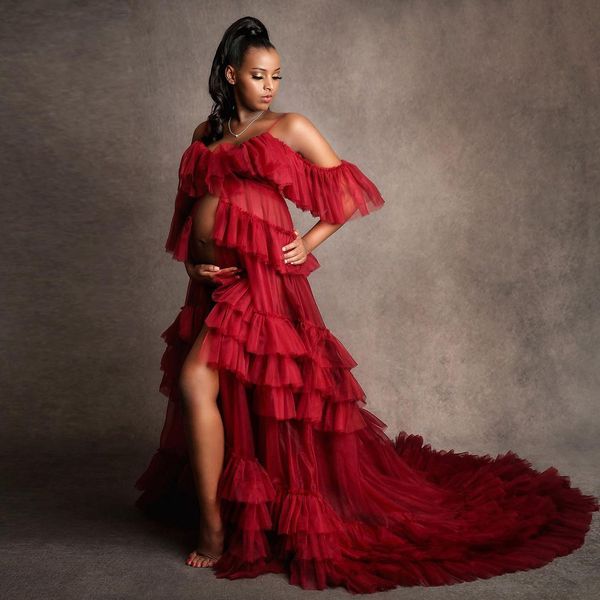 Modeste rouge foncé robes de bal Robe de maternité pour Photoshoot à volants Tulle hors de l'épaule bébé douche robes de tir femmes Robe