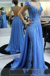 Bescheiden ontwerp Blue Mermaid Avondjurken Sheer Jewel Hals Cap Mouwen Kant Applicaties Kralen Chiffon Formele Party Prom-jassen