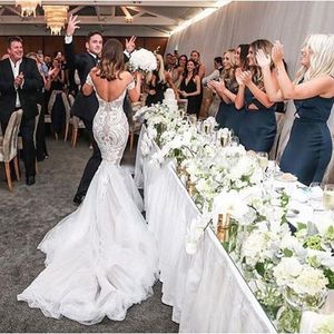 Bescheiden designer Mermaid Retro Wedding Jurken Elegant Vestido de Noiva Sweetheart Lace Appliqued Backless Bridal Ghowns Chapel Train 243c