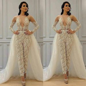 Modeste détachable jupe combinaison robes de mariée robes de mariée 2021 dentelle appliques à manches longues élégant pantalon costume pour les femmes Vestidos281c