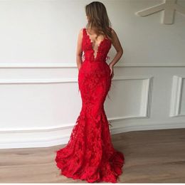 Modeste bloemen kant rode zeemeermin prom jurken diepe v-hals sexy lange prom jurken met veer avondfeest jurken 2020 vestido formaat