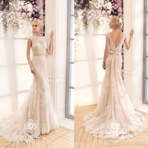 Modeste pleine dentelle robes de mariée sirène Bateau cou dos nu balayage train noeud noeud robe de mariée robes de mariée robes de novia295k