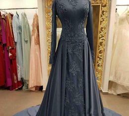 Bescheiden grijze moslim avondjurken met lange mouwen hoge hals kant formele prom jurken vintage arabische lange mode dragen vestido de festa