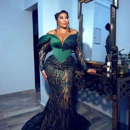 Bescheiden groene illusie zeemeermin avondjurken juweel hals lange mouwen pailletten formele jurk plus size aso ebi galajurk