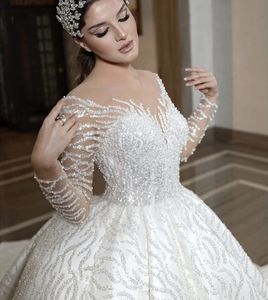 Modeste illusion couche robe de mariée perles scintillantes à manches longues en lacet se paillettes robes de mariée 2024 robe de bal de luxe Vestido de Novia personnalisé
