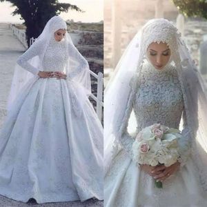 Bescheiden Islamitische Hijab Moslim Trouwjurken Vintage Kant Land Trouwjurk Hoge Hals Lange Mouwen Winter Bruidsjurk robes de m3043