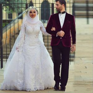 Robe de mariée sirène islamique modeste avec train détachable illusion manches longues en dentelle appliques perles robes de mariée musulmanes 2021 printemps été mariée tenue de soirée