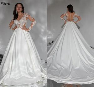 Modeste ivoire satin une ligne robes de mariée col transparent dentelle appliqué illusion manches longues robes de mariée boho jardin balayage train robes de mariée de mode CL2915