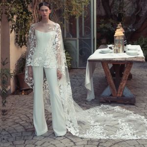 Bescheiden jumpsuit schede trouwjurken met wrap strapless outfit bruidsjurk civiel gewaad mariage kanten appliques jas 415