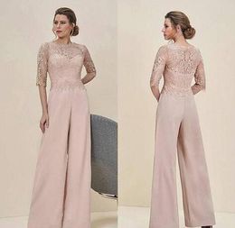 Bescheiden jumpsuits kanten moeder van de bruid pant pakken batau nek halve mouwen bruiloft gasten jurk chiffon plus size moeders bruidegom 302r