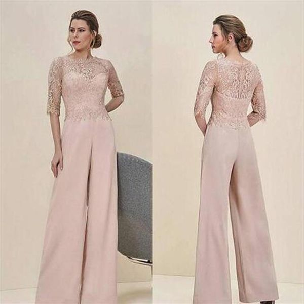 Combinaisons modestes en dentelle Mère de la mariée Pantalons Bateau Col Half mandeves robe invité robe en mousseline de mousseline plus taille mères 2368