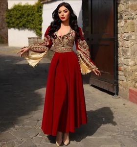 Modesto kossovo albanês vermelho vestidos de noite para as mulheres tornozelo comprimento festa de noiva veludo rendas apliques vestido de baile robe de mariage