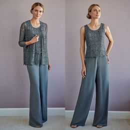 Modeste Dentelle Mère De La Mariée Pantalon Costumes À Manches Longues Veste De Mariage Invité Robe En Mousseline De Soie Plus La Taille Mères Robes De Mariée