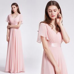 Bescheiden lange bruidsmeisje jurken plus size chiffon blozen roze formele party meid van eer jurken korte mouw geplooide vloer lengte elegante jurk