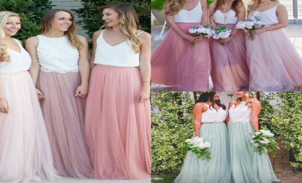 Vestidos de dama de honor largos modestos sin blusa de tulio Tulle Ruffles Tierned Falda de dama de dama de dama de dama de dama larga hecha a medida 209874697