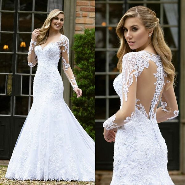 Modestos vestidos de novia de sirena de manga larga con cuello en V de encaje con apliques de cuentas tren de barrido Nova Noiva vestidos de novia hechos a medida