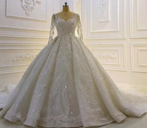 Robes de mariée à manches longues modestes robes de mariée en dentelle paillette de bijou de lacet paillettes appliqués plus robe de Mariee 2023 vestidos de noiva