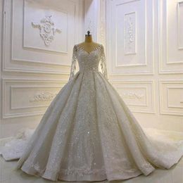 Robes de mariée à manches longues modestes pour robes nuptiales Sheer Jewel Neck Lace Appliqué paillettes plus taille Robe de Mariee Custom 2024 240403