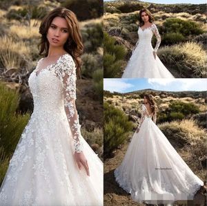 Manches longues modestes une ligne robes en V couche en dentelle appliquée Train de balayage plus taille de mariée mariée vestido de novia 0509