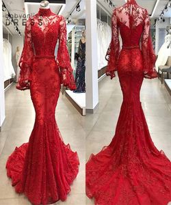 Bescheiden lange mouwen hoge nek kanten rode avond prom jurken mermaid kralen pailletten appliqued bel mouwen feest gelegenheid jurken voor 9740103