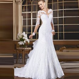 Bescheiden lange mouwen zeemeermin kanten appliques trouwjurken knoppen back dames bruidsjurken fishtail aangepaste vestidos de mariage lente