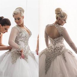 Robes de mariée à manches longues modestes strass de mariée plongeant la robe nuptiale perlée robe de bal sans taille plus de taille plus taille g193a