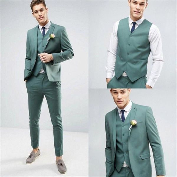Los hombres modestos se adaptan a la menta verde Slim Fit tres piezas de ropa muesca solapa boda smokinges por encargo desgaste del hombre (abrigo + pantalón + chaleco)