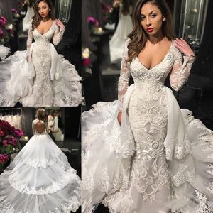 Modeste zeemeermin 2018 trouwjurken met afneembare trein kant geappliceerd lange mouwen bruidsjurken v-hals Arabilc Dubai Vestidos de Novia
