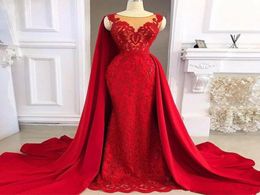Robes de bal rouge sirène modeste robe de soirée à col bijou avec train détachable 2021 pleine dentelle appliquée perles robes formelles4564260