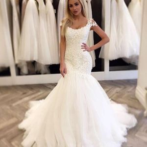 Vestidos de novia modestos de sirena, manga casquillo, cuello redondo, encaje, tul, tren de barrido, nuevo diseño, vestidos de novia, tamaño personalizado, talla grande