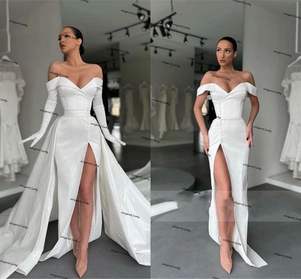 Robes de mariée sirène modestes avec jupe détachable sur l'épaule crêpe Satin plage robe de mariée robe de noiva