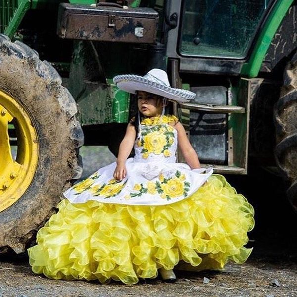Modesto mexicano blanco amarillo mini desfile vestidos de quinceañera para niñas halter flores florales 3D encaje niña de las flores primera comm273n