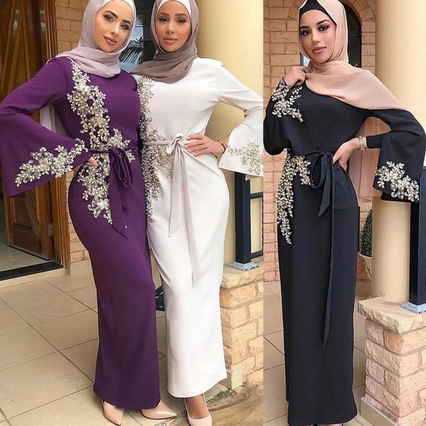 Robes de bal noires musulmanes modestes avec des appliques de dentelle perlée à manches longues Hijab arabe islamique robe d'occasion spéciale longueur cheville femmes gaine robe de soirée